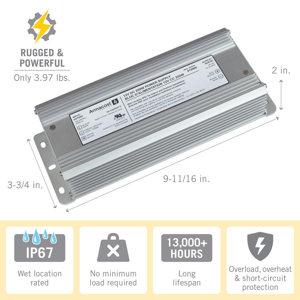Silver 200W 12V DC Indoor/Outdoor LED Driver
