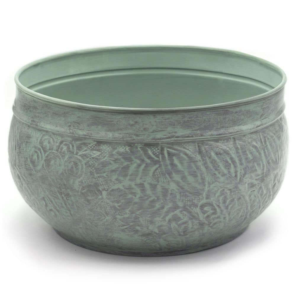 Large Blue Verde Copper Garden Hose Pot with Fern Details