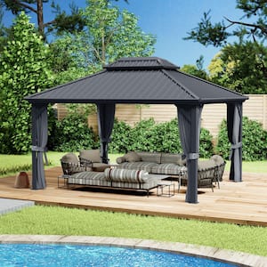 Caesar 12 ft. x 16 ft. Dark Brown Double Roof Permanent Hardtop Aluminum Gazebo with Netting and Sidewalls
