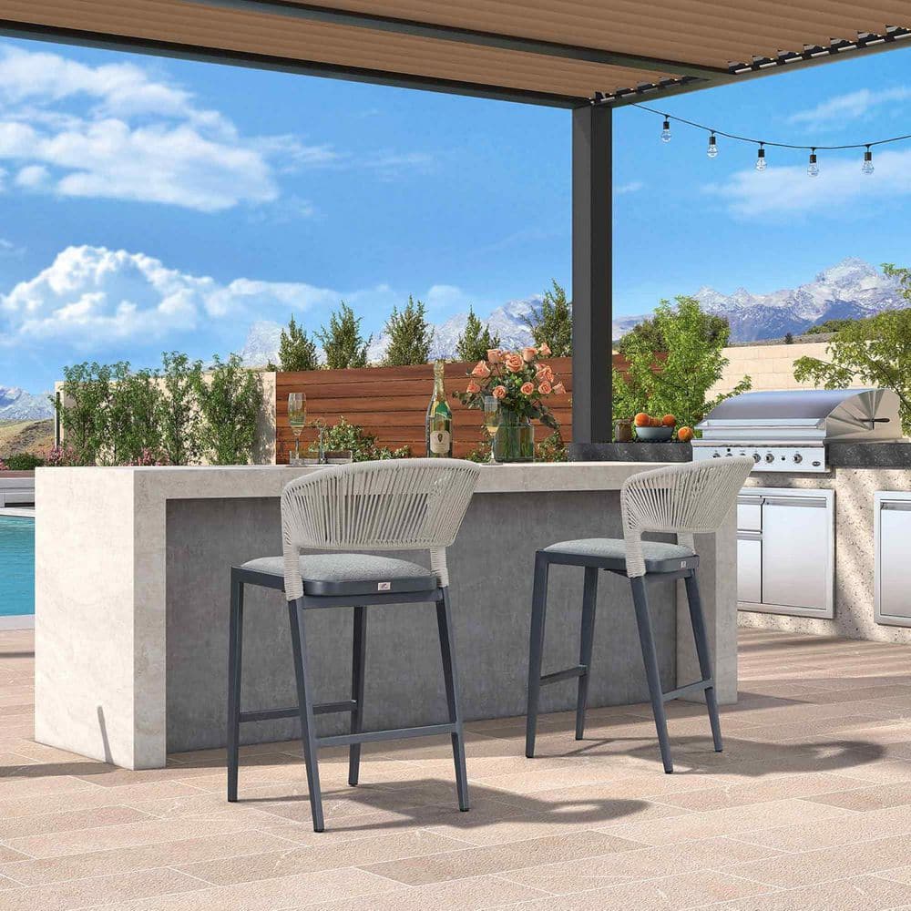 Modern Aluminum Low Back Rattan Counter Height Outdoor Bar Stool with Backrest and Dark Gray Cushion, Drak Gray(2-Pack) price history on PriceWatchPro