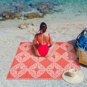 Marrakech Orange White 5 ft. x 7 ft. Reversible Recycled Plastic Indoor/Outdoor Area Rug-Floor Mat