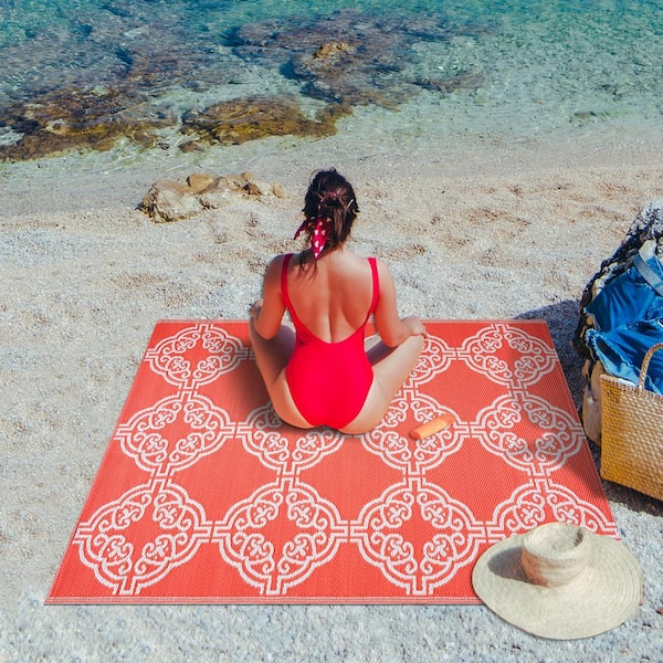 Marrakech Orange White 6 ft. x 9 ft. Reversible Recycled Plastic Indoor/Outdoor Area Rug-Floor Mat