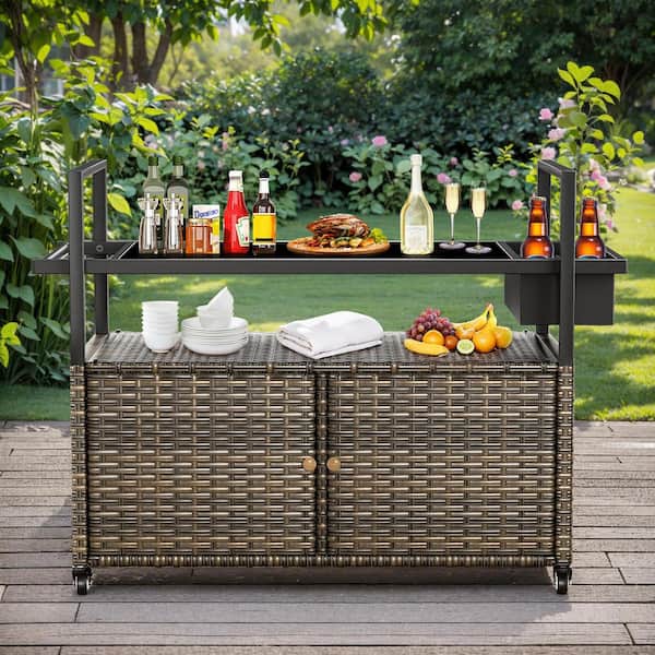 Bellefurn Patio Serving Cart in Gray, Outdoor Wicker Bar Cart, Wicker Storage Cabinet with Glass Top and Lockable Wheel