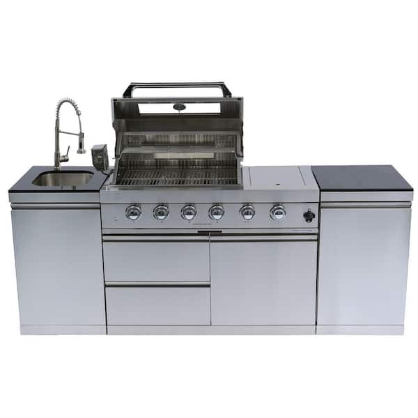 46 in. Deluxe 4-Burner Propane Gas Grill Island Outdoor Kitchen with Rotisserie Kit Refrigerator Sink in Stainless Steel