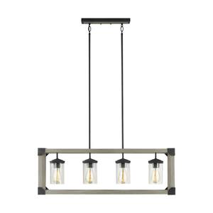 Dunning 4-Light Driftwood Gray Rectangular Farmhouse Linear Island Hanging Chandelier with Clear Seeded Glass Shades
