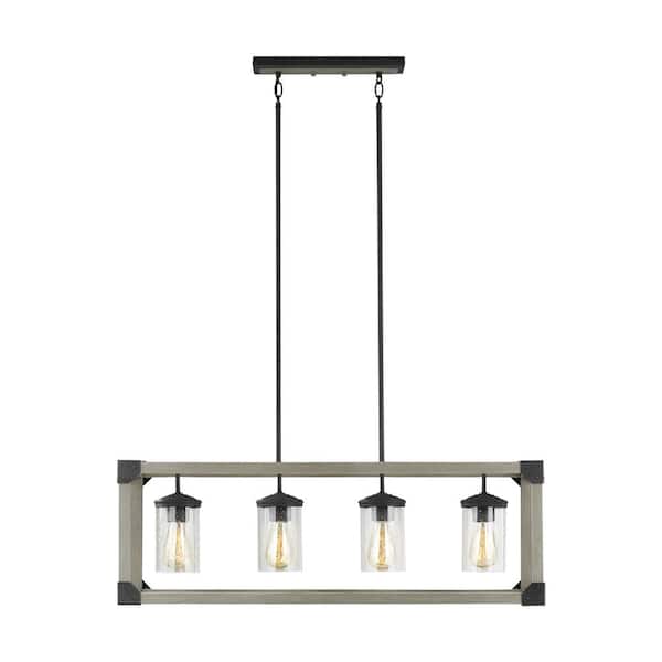 Generation Lighting Dunning 4-Light Driftwood Gray Rectangular Farmhouse Linear Island Hanging Chandelier with Clear Seeded Glass Shades