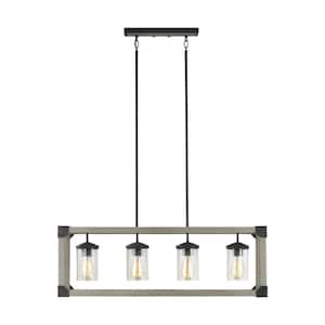 Dunning 4-Light Driftwood Gray Rectangular Farmhouse Linear Island Hanging Chandelier with Clear Seeded Glass Shades