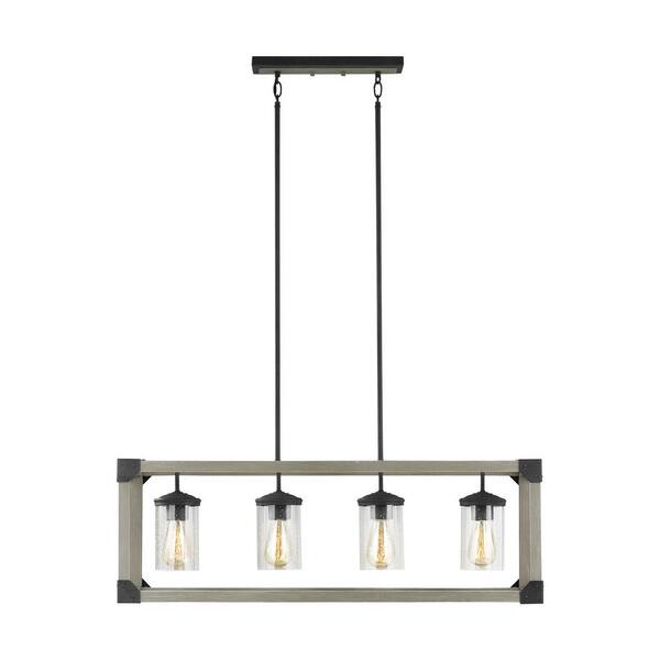 Sea Gull Lighting Dunning 4-Light Driftwood Gray Rectangular Farmhouse Linear Island Hanging Chandelier with Clear Seeded Glass Shades