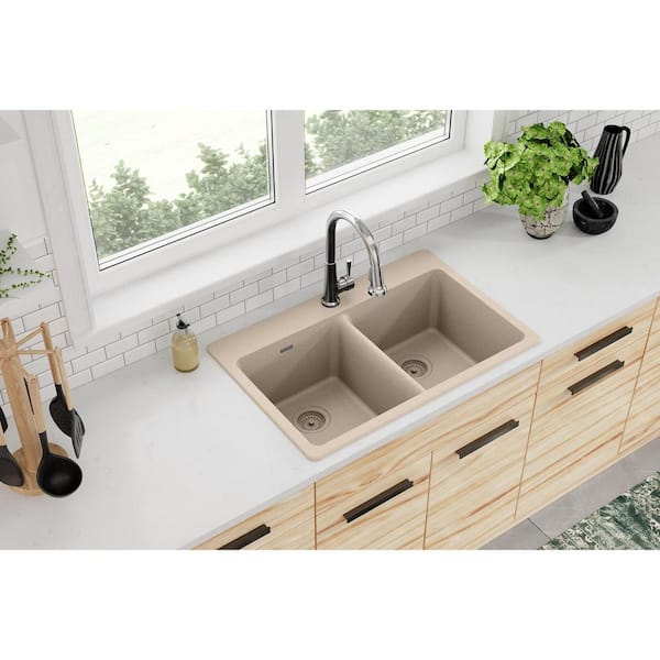 Quartz Classic 33 in. Drop-in Double Bowl 20-Gauge Bisque Granite/Quartz Composite Kitchen Sink Only