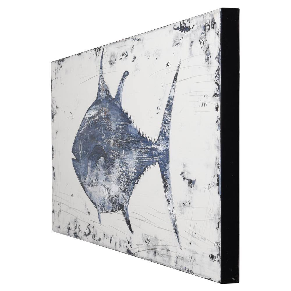 Anglo Rustic Coastal Blue and White Tuna Oil Painting on Canvas