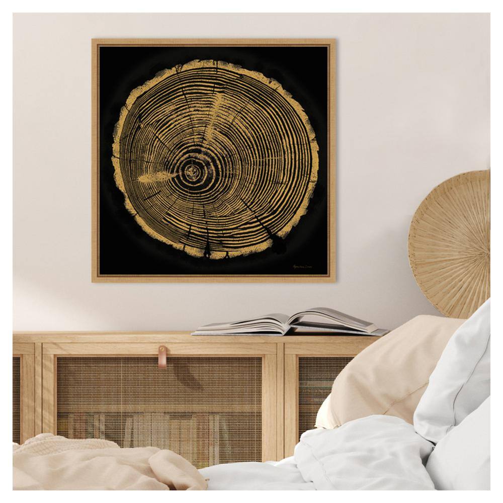 Tree Trunk I Abstract Golden Rings Canvas Wall Art in Maple Frame