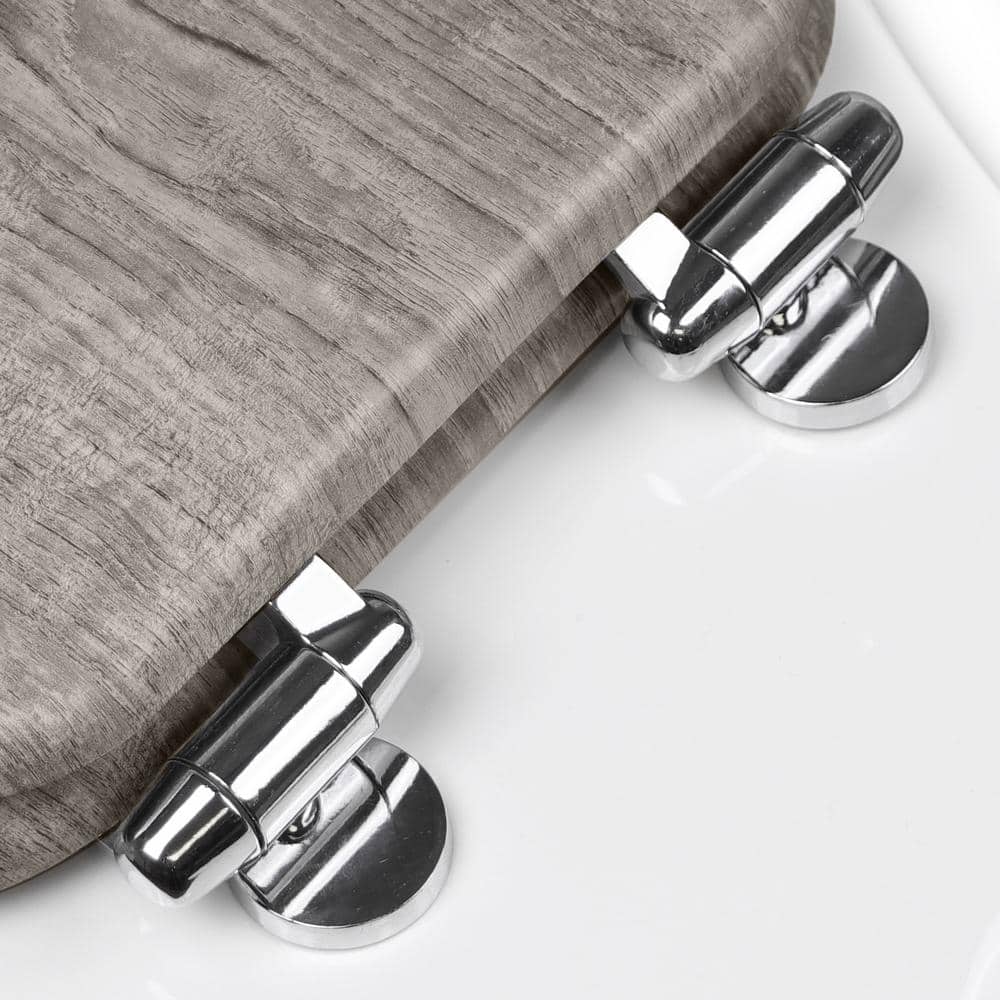 Elongated Gray Distressed Wood Veneer Toilet Seat with Chrome Hinges