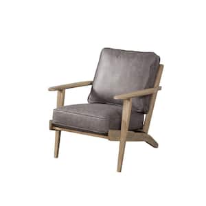Artica Grey with Iron Brush Natural Frame Faux Leather Arm Chair with Solid Wood