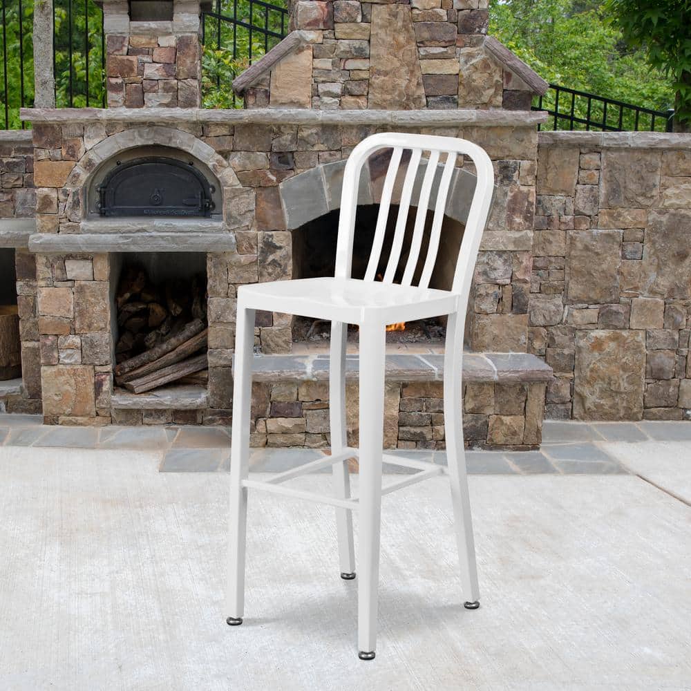 Sleek White Metal Indoor-Outdoor Barstool with Vertical Slat Back