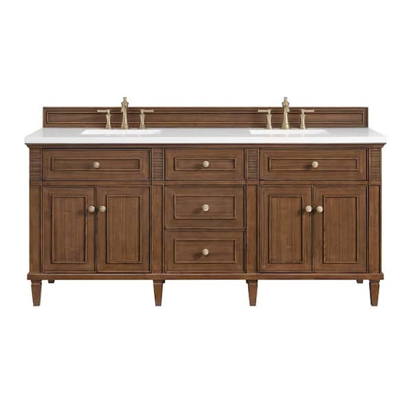 James Martin Vanities Lorelai 72.0 in. W x 23.5 in. D x 34.06 in. H Double Sink Bath Vanity in Mid-Century Walnut with White Zeus Quartz Top