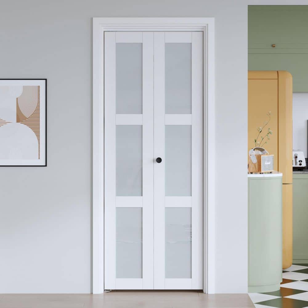 easelife 28 in. x 80 in. 3 Lite Frosted Glass White Finished Solid