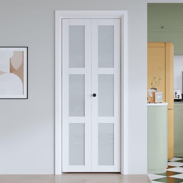 28 in. x 80 in. 3 Lite Frosted Glass White Finished Solid MDF Bi-Fold Door with Hardware Kit