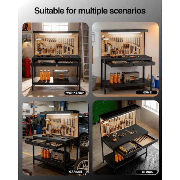 600 lbs. Capacity Workbench w/ 120-Volt LED Work Light, A3 Steel Work Table for Garage Tool Storage, Workshop, Basement