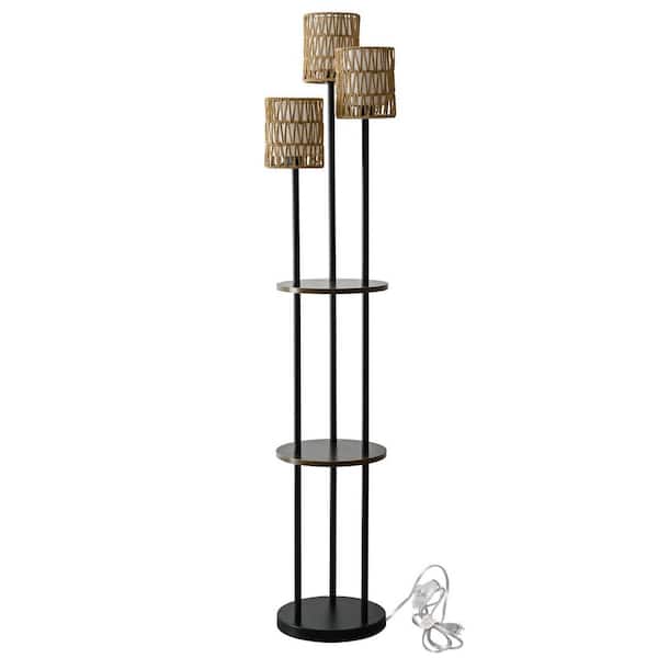 CACI Mall 65 in. Black Boho 3-Light Tree Floor Lamp with Shelves