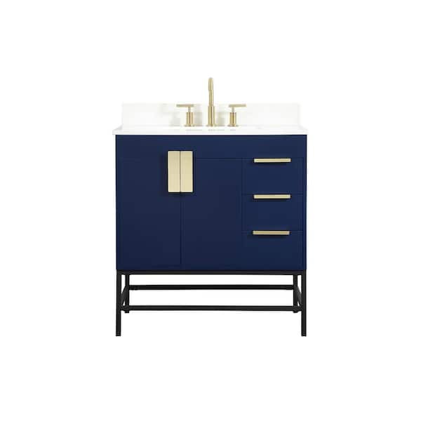 Unbranded Simply Living 32 in. W x 22 in. D x 33.5 in. H Bath Vanity in Blue with Ivory White Engineered Marble Top