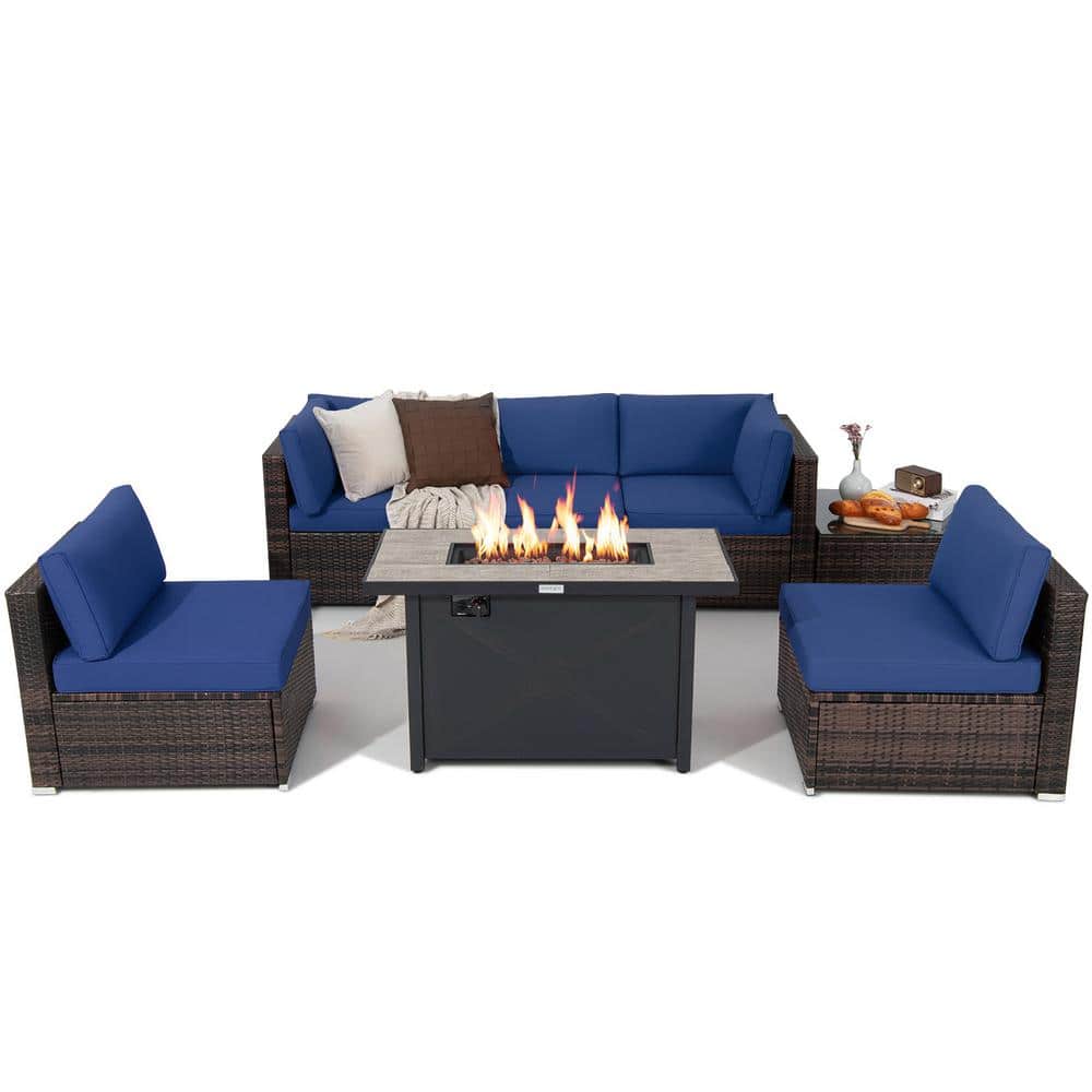7 Piece Wicker Patio Conversation Set with 60000 BTU Fire Pit Table & Protective Cover & Navy Cushions price history on PriceWatchPro