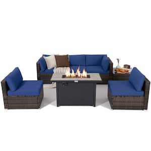 7 Piece Wicker Patio Conversation Set with 60000 BTU Fire Pit Table & Protective Cover & Navy Cushions