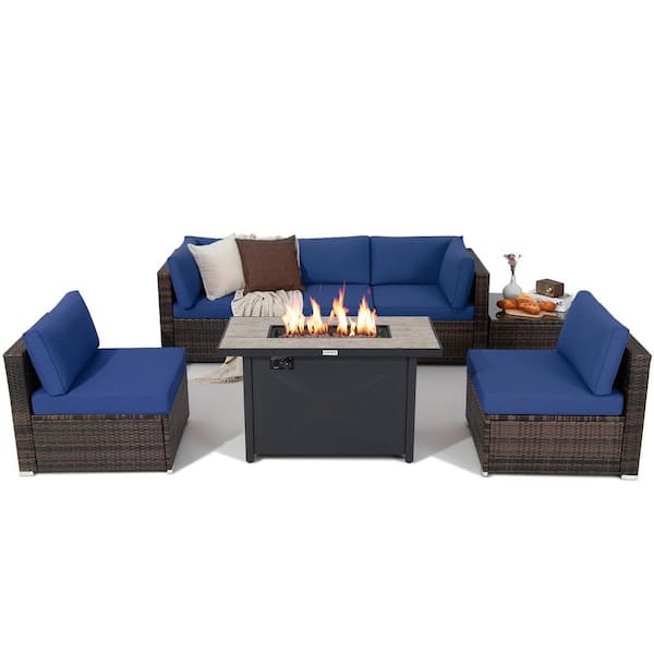 Costway 7 Piece Wicker Patio Conversation Set with 60000 BTU Fire Pit Table & Protective Cover & Navy Cushions