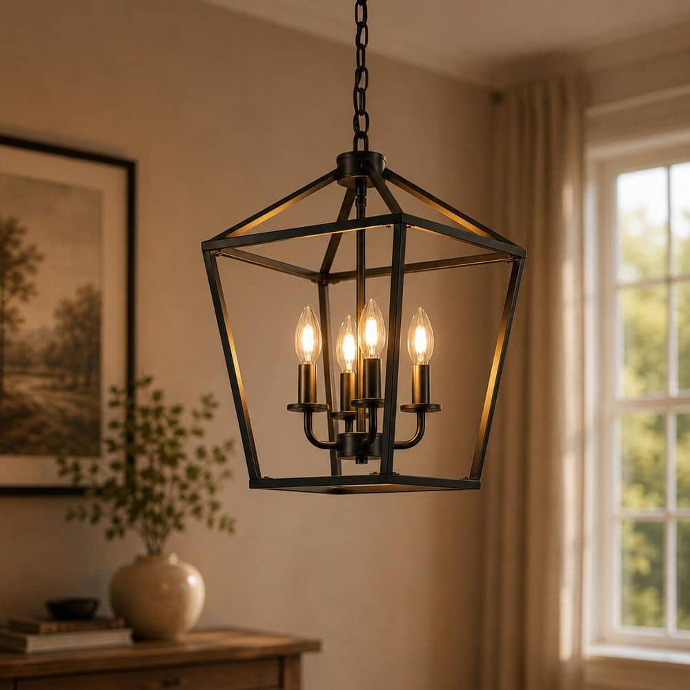 Briignite 8 in. Black 4-Light Geometric Open Cage Pendant
