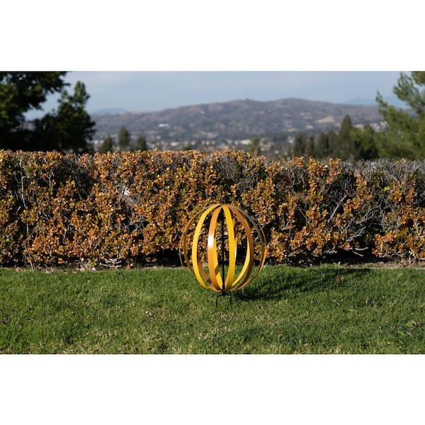 Alpine Corporation 17 in. Tall Yellow and Orange Dual Metal Round Hanging or Stake Sphere