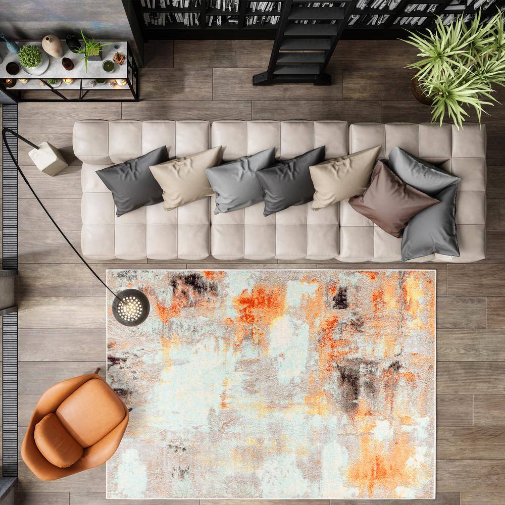 Blue and Orange Abstract Flat Woven Synthetic Area Rug