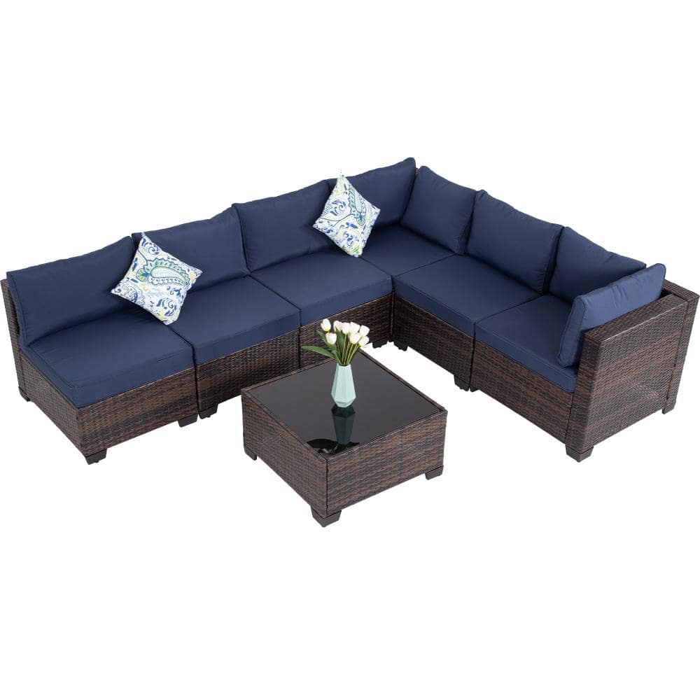 7-Piece Wicker Outdoor Patio Furniture Set, Sectional Sofa with Blue Cushions price history on PriceWatchPro