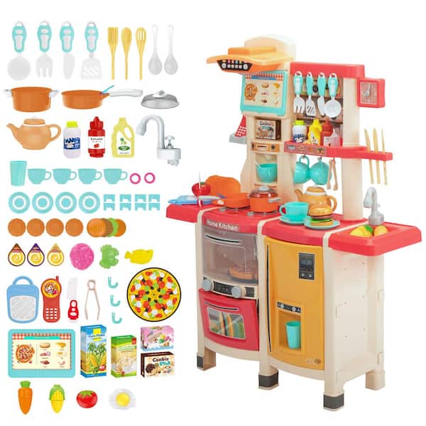 Best Choice Products Pretend Play Kitchen Wooden Toy Set for Kids w/  Telephone, Utensils, Oven, Microwave - Pink