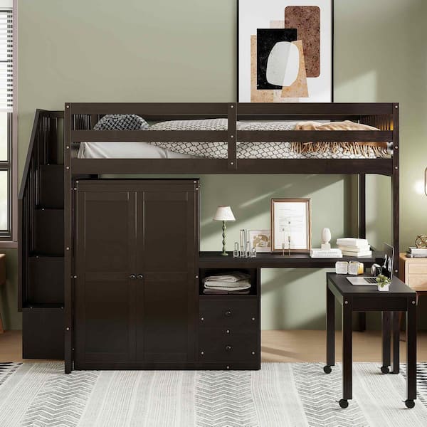 Espresso Full Size Wood Loft Bed with Stairs, Bookshelf, Drawers, Desk and Wardrobe