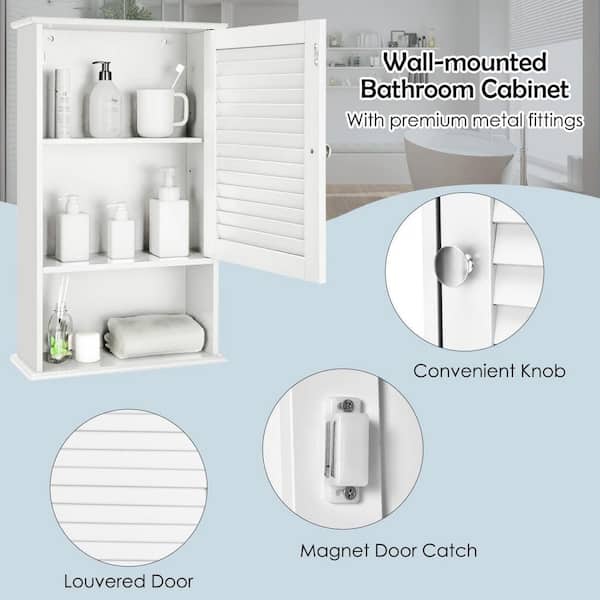 Lavish Home Wall-Mounted Bathroom Organizer with Shutter Doors and Towel Bar, White