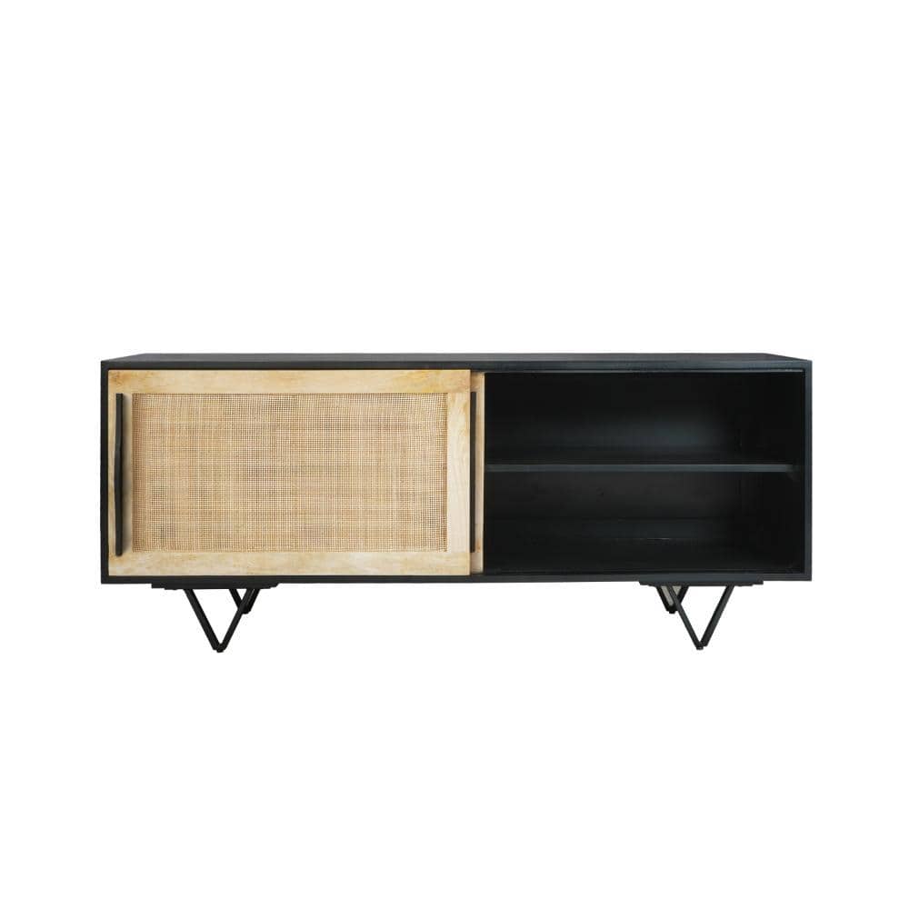 60" Black and Natural Wood TV Media Console with Cane Doors