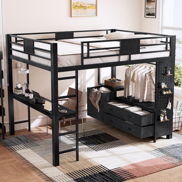 Black Queen Wood/Metal Loft Bed with Desk and Shelves,Clothesline Pole
