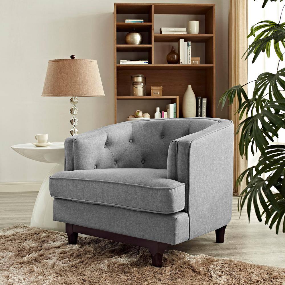 Light Gray Upholstered Accent Chair with Walnut Wood Base