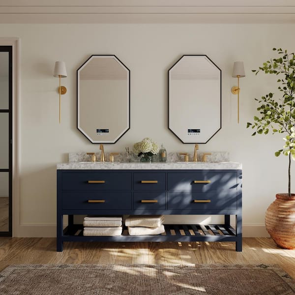 Elizabeth 72 in. W x 22 in. D Bath Vanity in Heritage Blue w/ White Marble Vanity Top w/ White Basin and Gold Hardware