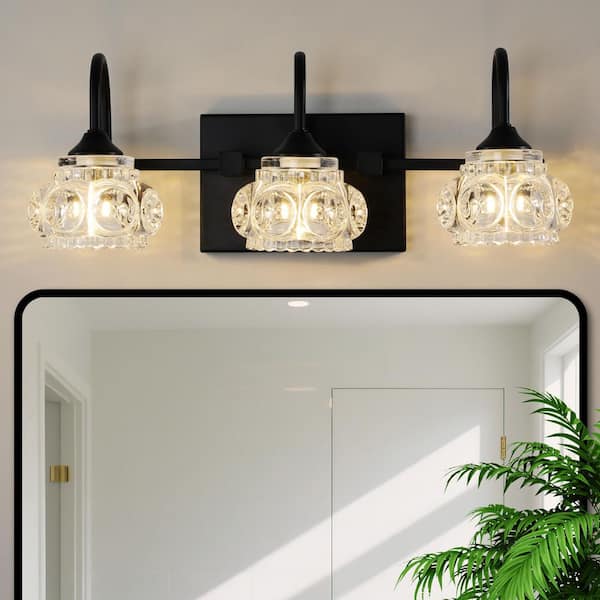 17 in. 3-Light Modern Black Bathroom Vanity Light with Clear Crystal Shades