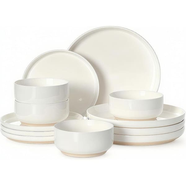 12-Piece Cream White Ceramic Kitchen Plates and Bowls Sets(Service for 4)