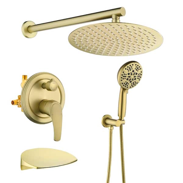 UKISHIRO AUE Single-Handle 7-Spray 10 in. Round High Pressure Shower Faucet in Brushed Gold (Valve Included)