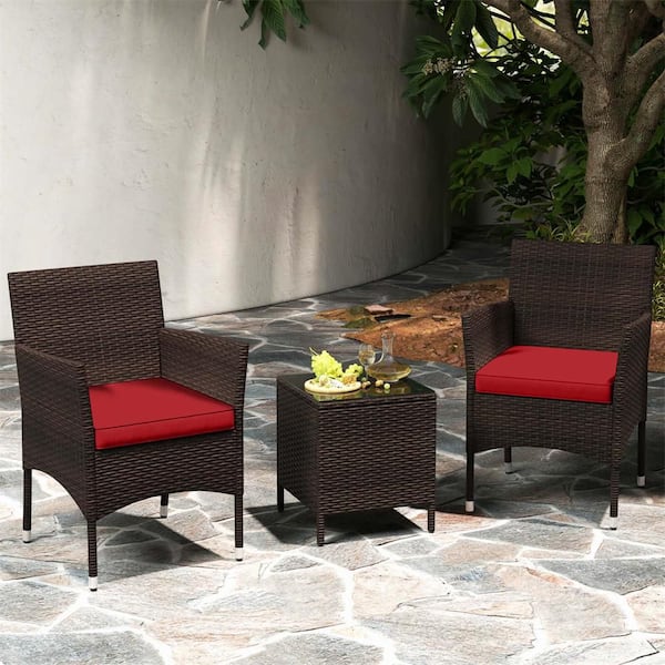 3-Piece Wicker Patio Conversation Set with Tempered Glass Tabletop and Red Cushions