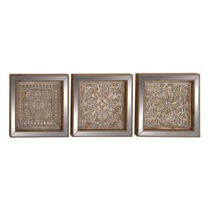Metal Gold Embossed Floral Wall Decor with Mirror Panels (Set of 3)