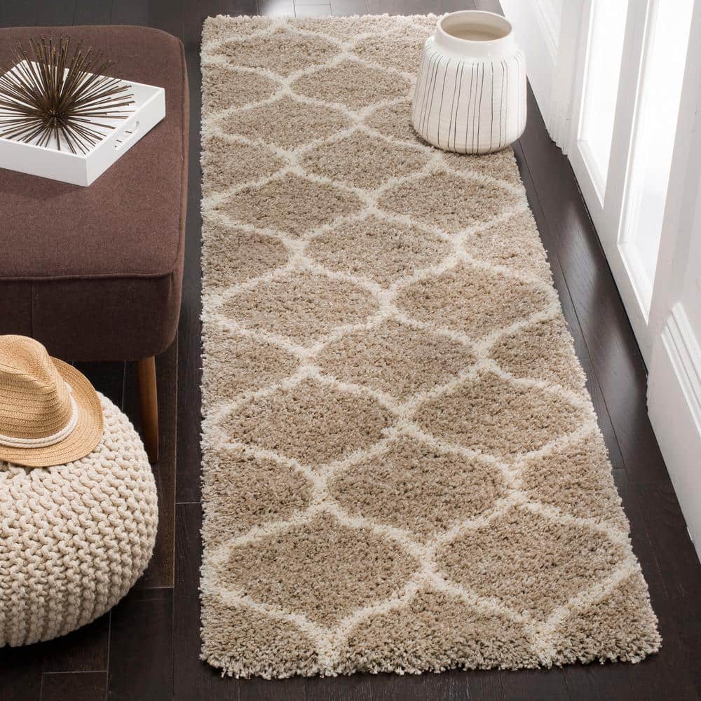 Hudson Shag 2 ft. x 18 ft. Beige/Ivory Geometric Trellis Runner Rug price history on PriceWatchPro