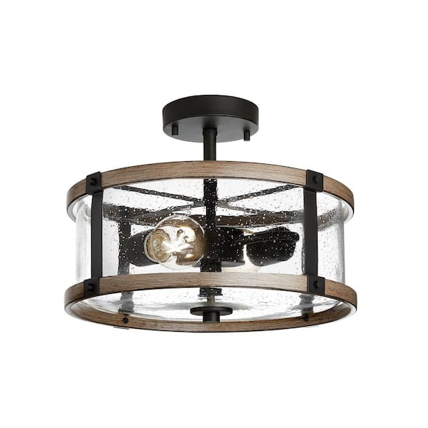 Richland 2-Light Grey Wood Semi Flush Mount Clear Seedy Glass