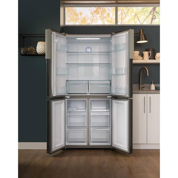Haier 16 4 Cu Ft Quad French Door Freezer Refrigerator In Stainless Steel Fingerprint Resistant Hrq16n3bgs The Home Depot