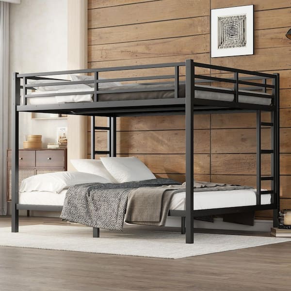 URTR Black Metal Queen Over Queen Bunk Bed Frame with Guardrails and 2 Ladders Heavy-Duty Bunk Bed for Kids Teens and Adults