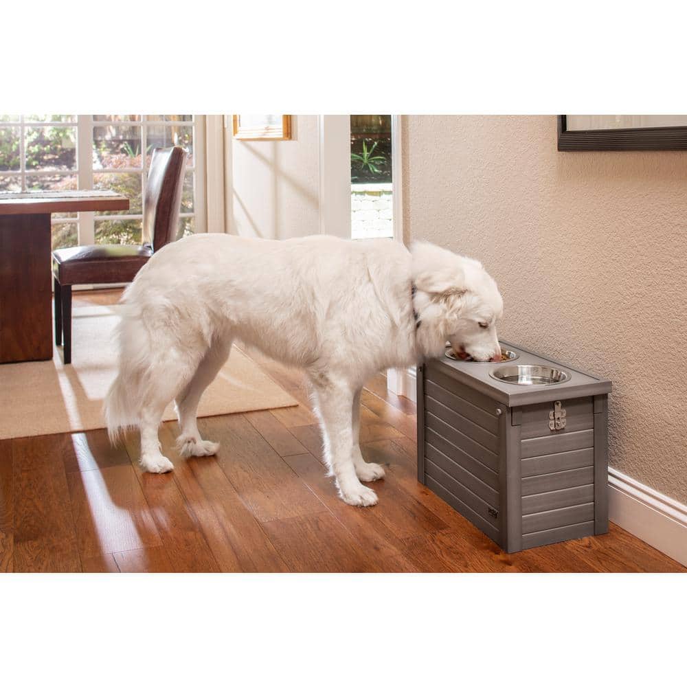 Gray Elevated Stainless Steel Dog Bowl Stand with Storage