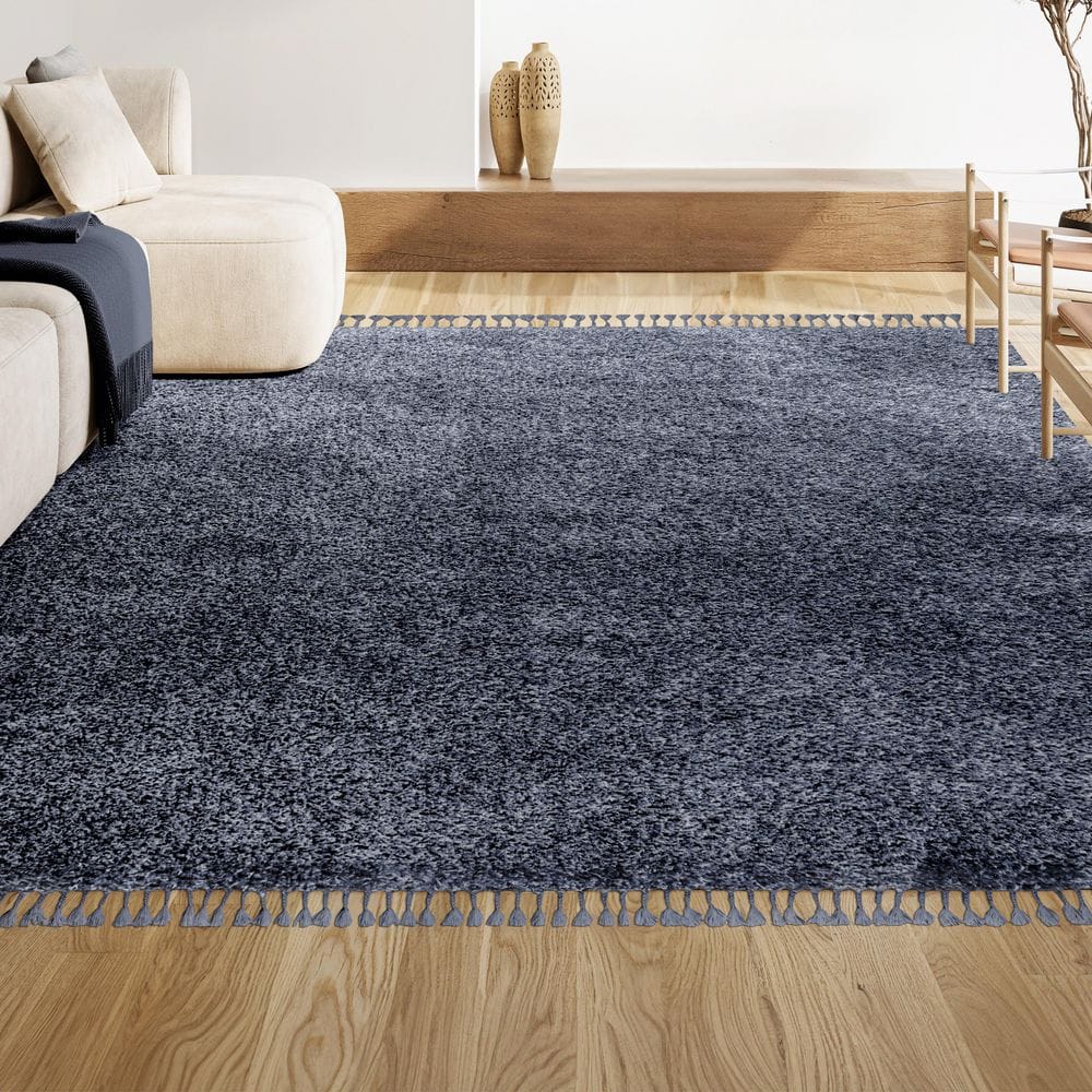 Denim Blue Rectangular Shag Area Rug with Tassels