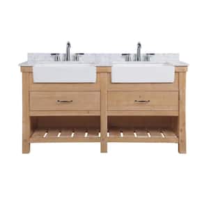 Marina 60 in. Double Bath Vanity in Driftwood with Marble Vanity Top in Carrara White with White Farmhouse Basins